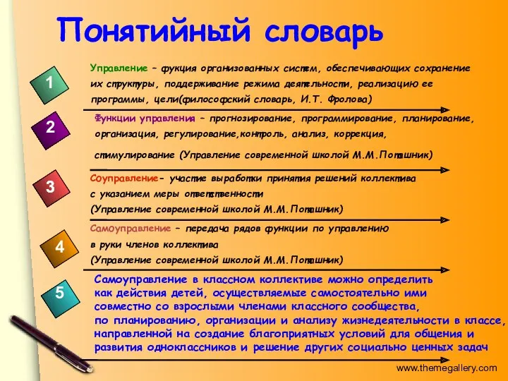 Понятийный словарь 4 Управление – фyкция организованных систем, обеспечивающих сохранение