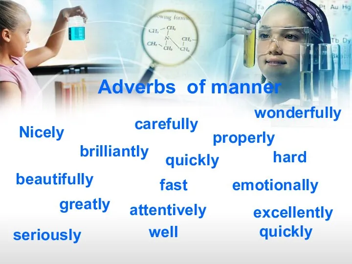 Adverbs of manner Nicely properly wonderfully beautifully greatly quickly hard