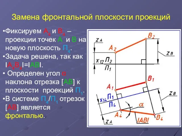 Замена фронтальной плоскости проекций Фиксируем A4 и B4 – проекции