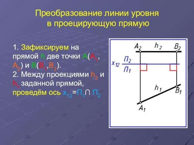 Преобразование линии уровня в проецирующую прямую 1. Зафиксируем на прямой