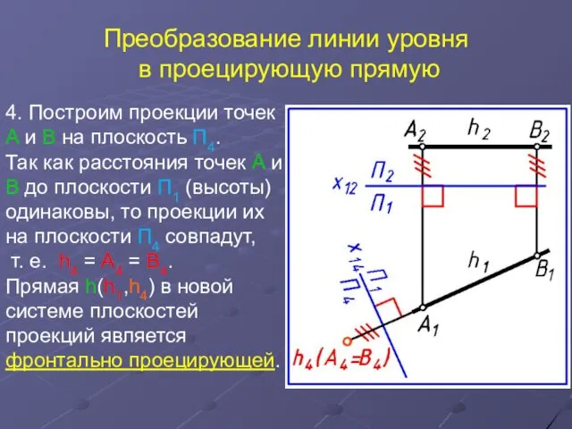 Преобразование линии уровня в проецирующую прямую 4. Построим проекции точек