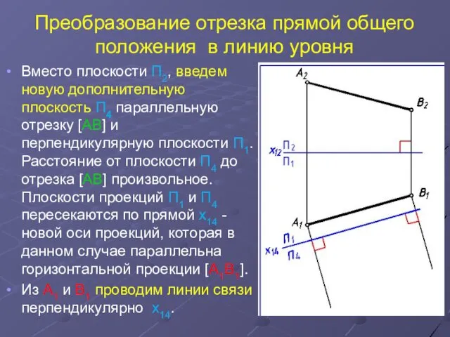 Преобразование отрезка прямой общего положения в линию уровня Вместо плоскости