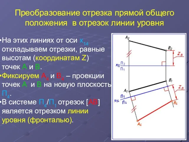 Преобразование отрезка прямой общего положения в отрезок линии уровня На