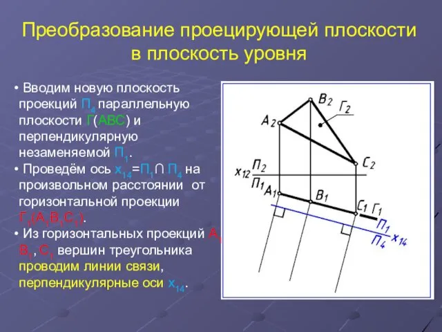 Преобразование проецирующей плоскости в плоскость уровня Вводим новую плоскость проекций