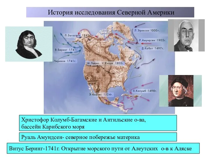 История исследования Северной Америки Христофор Колумб-Багамские и Антильские о-ва, бассейн Карибского моря Руаль