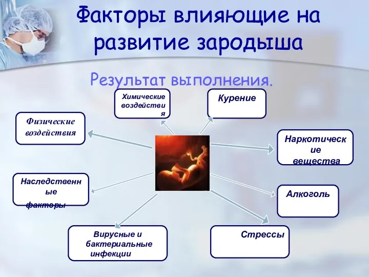 Факторы влияющие на развитие зародыша Результат выполнения. Физические воздействия Наследственные