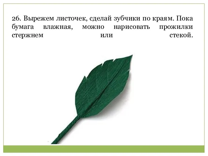 26. Вырежем листочек, сделай зубчики по краям. Пока бумага влажная, можно нарисовать прожилки стержнем или стекой.