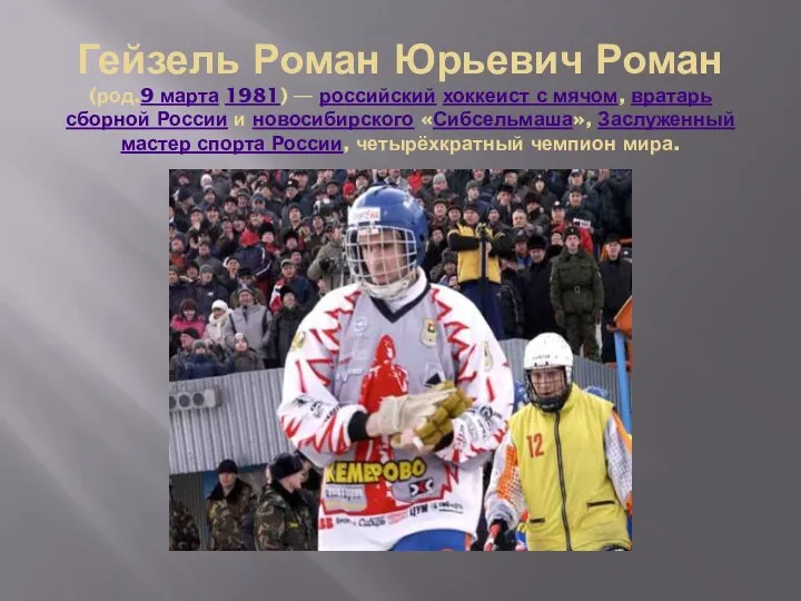Гейзель Роман Юрьевич Роман (род.9 марта 1981) — российский хоккеист