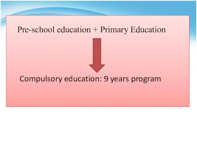 Pre-school education + Primary Education Compulsory education: 9 years program