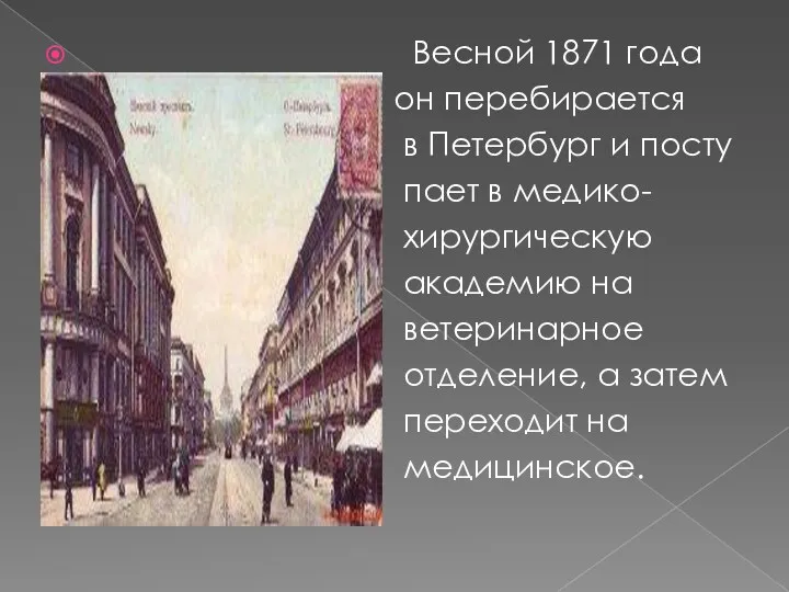 Весной 1871 года он перебирается в Петербург и посту пает