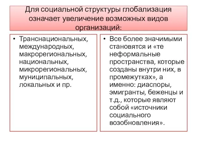 Для социальной структуры глобализация означает увеличение возможных видов организаций: Транснациональных, международных, макрорегиональных, национальных,