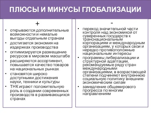 ПЛЮСЫ И МИНУСЫ ГЛОБАЛИЗАЦИИ + открываются дополнительные возможности и немалые выгоды отдельным странам