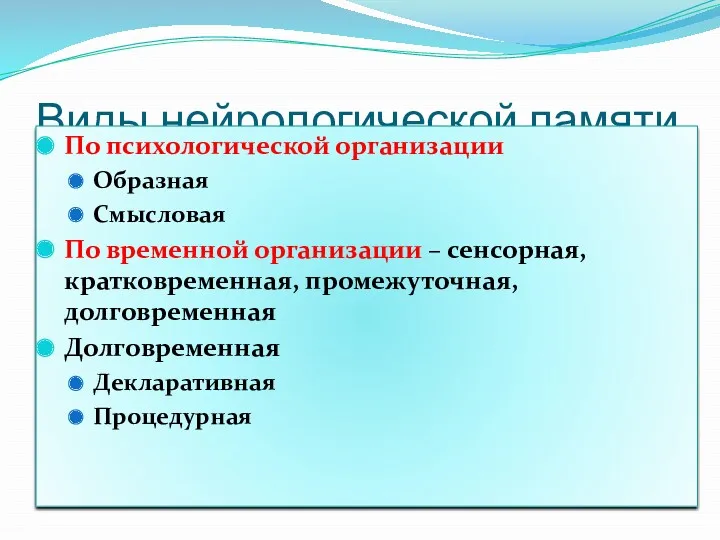 Виды нейрологической памяти По психологической организации Образная Смысловая По временной