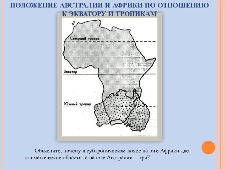 ПОЛОЖЕНИЕ АВСТРАЛИИ И АФРИКИ ПО ОТНОШЕНИЮ К ЭКВАТОРУ И ТРОПИКАМ