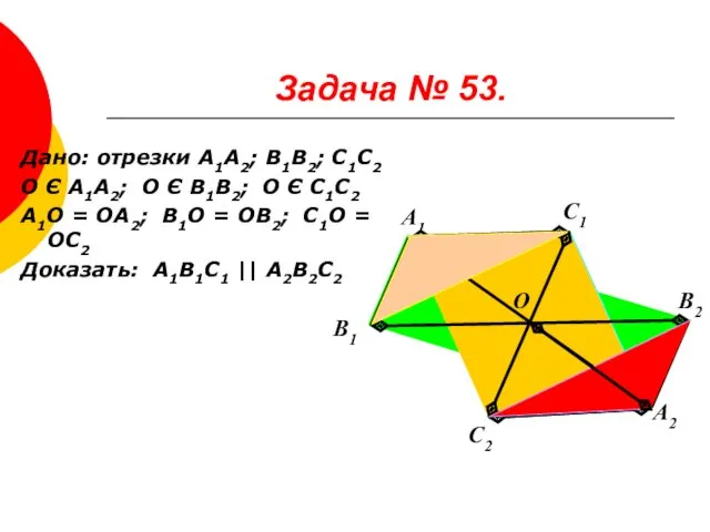 Задача № 53. Дано: отрезки А1А2; В1В2; С1С2 О Є