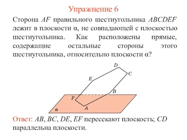 Сторона AF правильного шестиугольника ABCDEF лежит в плоскости α, не
