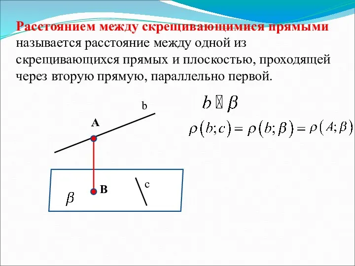 Расстоянием между скрещивающимися прямыми называется расстояние между одной из скрещивающихся