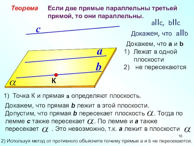 a b с Теорема Если две прямые параллельны третьей прямой,