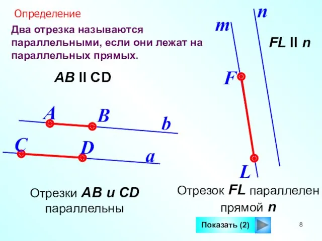 Два отрезка называются параллельными, если они лежат на параллельных прямых.