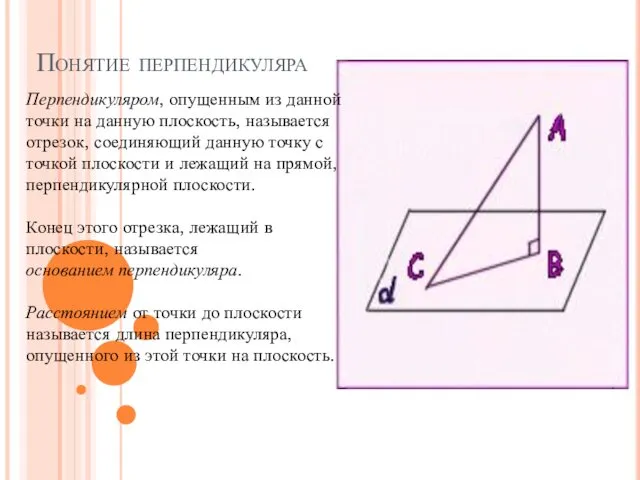 Перпендикуляром, опущенным из данной точки на данную плоскость, называется отрезок,