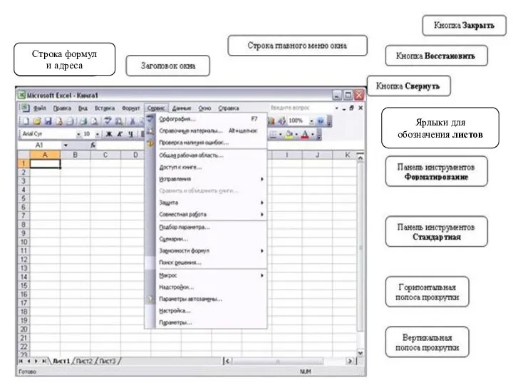 Ярлыки для обозначения листов Ярлыки для обозначения листов Строка формул и адреса