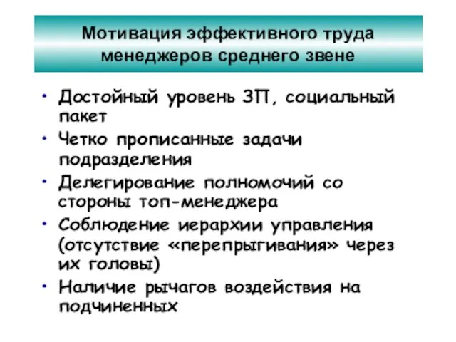 Мотивация эффективного труда менеджеров среднего звене Достойный уровень ЗП, социальный