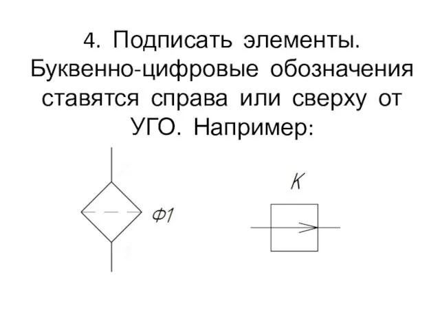 4. Подписать элементы. Буквенно-цифровые обозначения ставятся справа или сверху от УГО. Например: