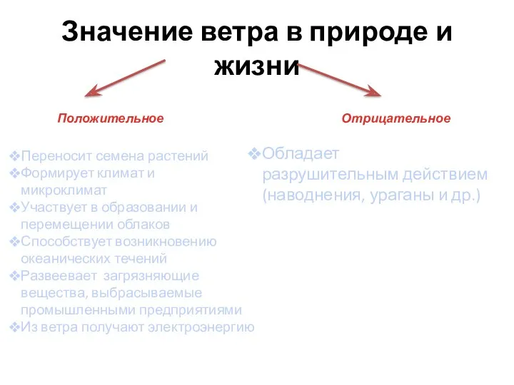 Значение ветра в природе и жизни Положительное Отрицательное Переносит семена