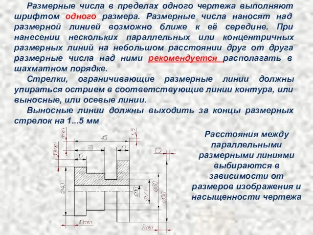 Размерные числа в пределах одного чертежа выполняют шрифтом одного размера.