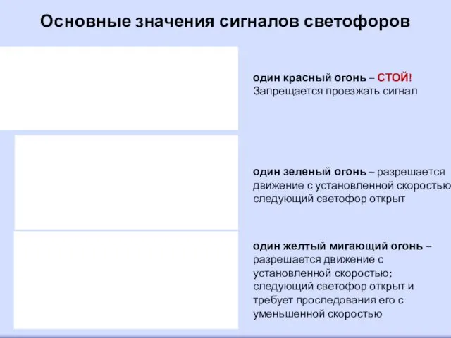 Основные значения сигналов светофоров один красный огонь – СТОЙ! Запрещается