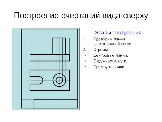 Построение очертаний вида сверху Этапы построения Проводим линии проекционной связи, Строим Центровые линии, Окружности, дуги, Прямоугольники.