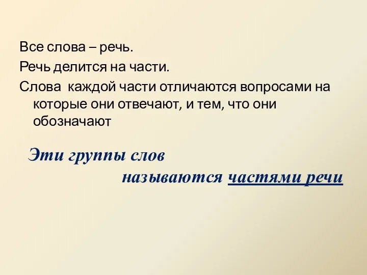 Эти группы слов называются частями речи Все слова – речь.