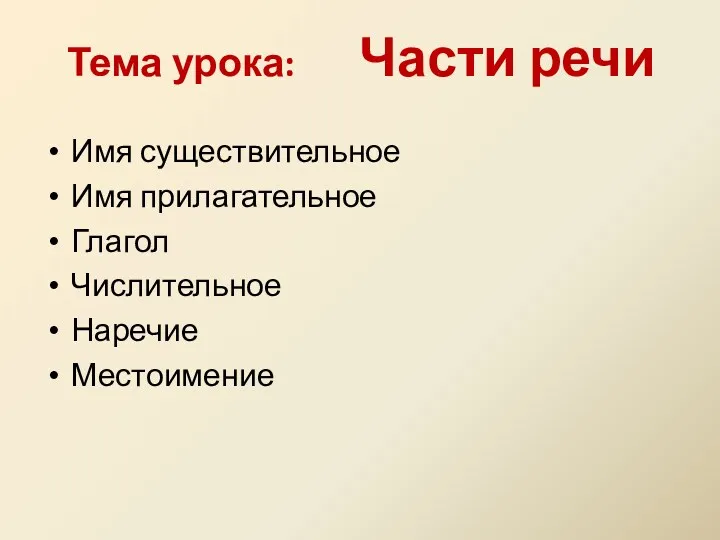 Тема урока: Части речи Имя существительное Имя прилагательное Глагол Числительное Наречие Местоимение