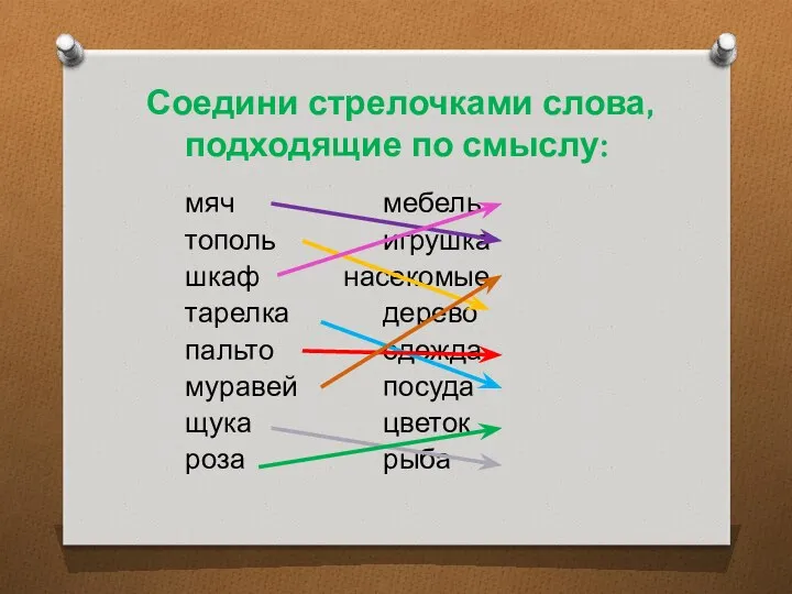 Соедини стрелочками слова, подходящие по смыслу: мяч мебель тополь игрушка