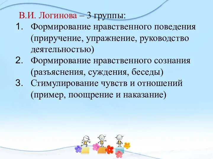 В.И. Логинова – 3 группы: Формирование нравственного поведения(приручение, упражнение, руководство деятельностью) Формирование нравственного