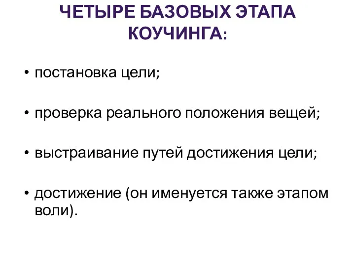 Четыре базовых этапа коучинга: постановка цели; проверка реального положения вещей;