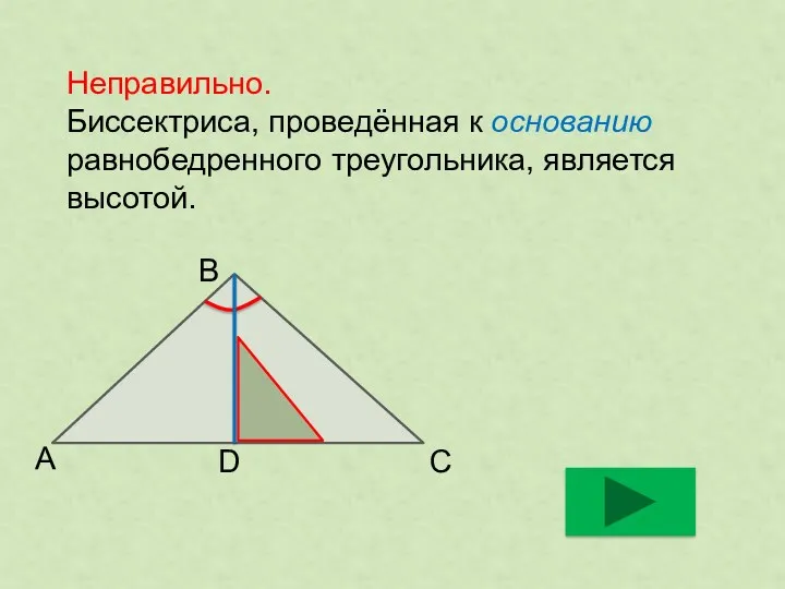 Неправильно. Биссектриса, проведённая к основанию равнобедренного треугольника, является высотой. В С А D