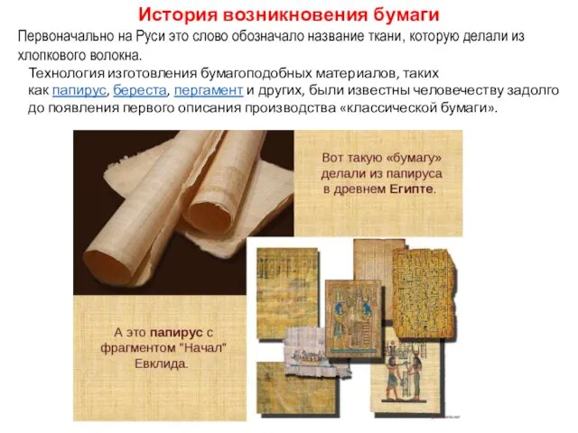 История возникновения бумаги Первоначально на Руси это слово обозначало название