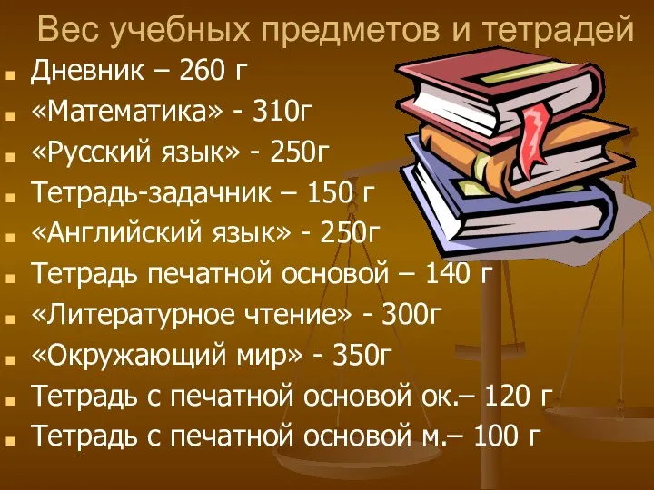 Вес учебных предметов и тетрадей Дневник – 260 г «Математика» - 310г «Русский