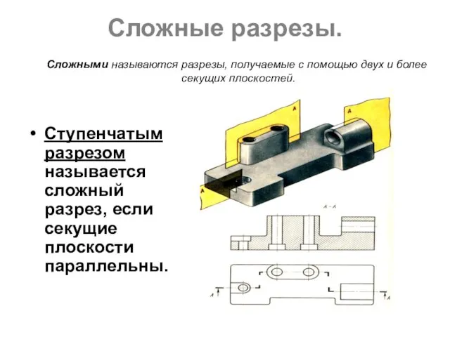 Сложные разрезы. Ступенчатым разрезом называется сложный разрез, если секущие плоскости