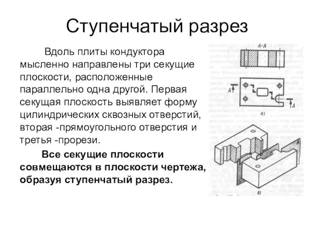 Ступенчатый разрез Вдоль плиты кондуктора мысленно направлены три секущие плоскости,