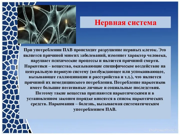 При употреблении ПАВ происходит разрушение нервных клеток. Это является причиной