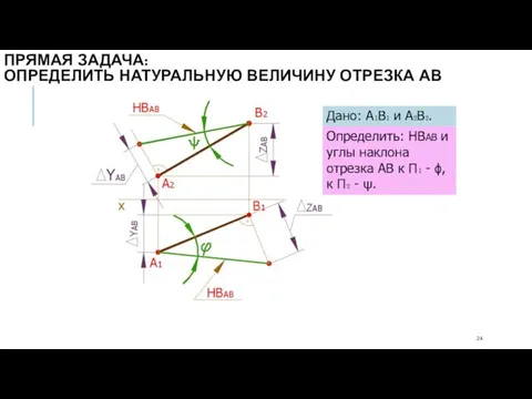 Дано: А₁В₁ и А₂В₂. Определить: НВАВ и углы наклона отрезка