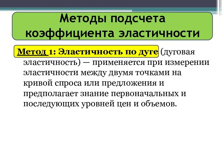 Методы подсчета коэффициента эластичности Метод 1: Эластичность по дуге (дуговая