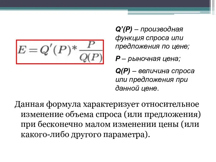 Данная формула характеризует относительное изменение объема спроса (или предложения) при