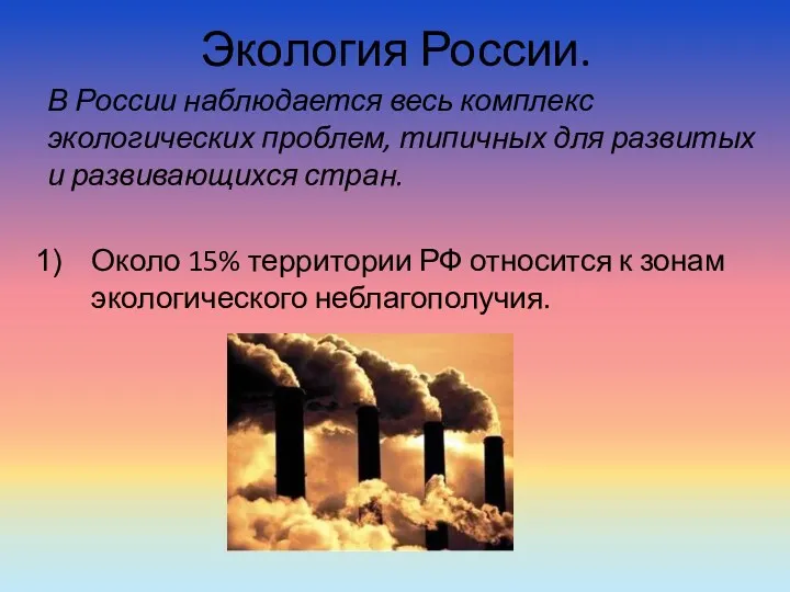 Экология России. В России наблюдается весь комплекс экологических проблем, типичных