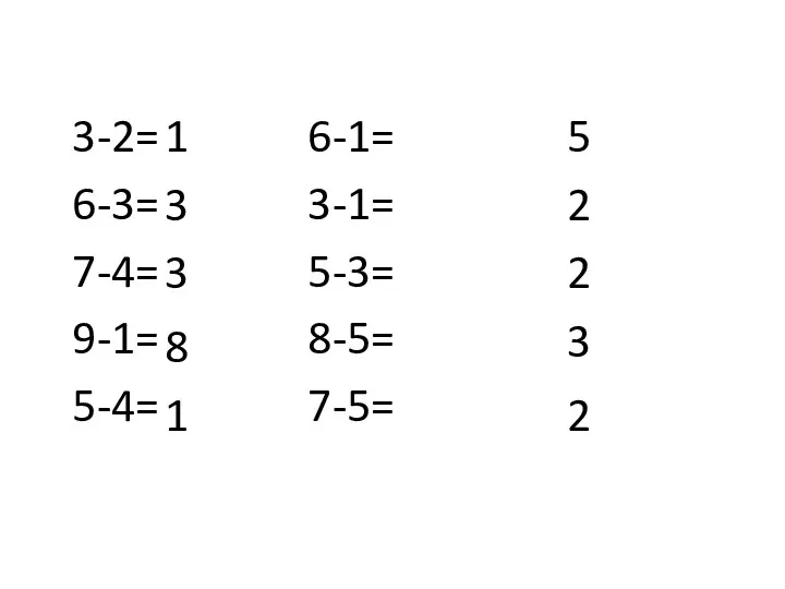 3-2= 6-1= 6-3= 3-1= 7-4= 5-3= 9-1= 8-5= 5-4= 7-5=