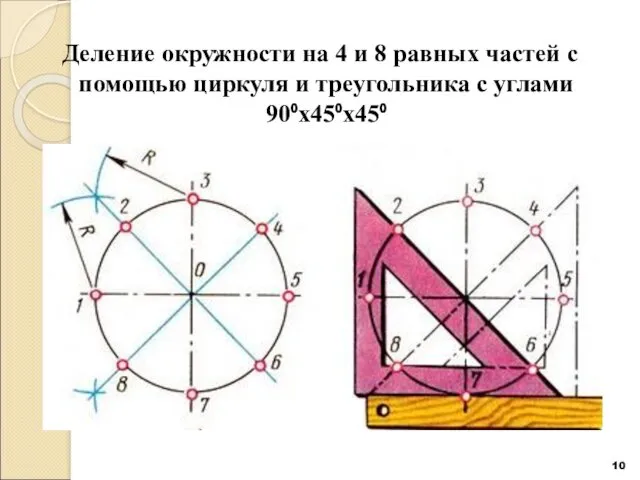 Деление окружности на 4 и 8 равных частей с помощью циркуля и треугольника с углами 90⁰х45⁰х45⁰