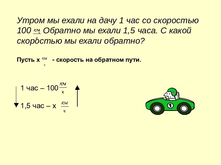 Утром мы ехали на дачу 1 час со скоростью 100 . Обратно мы