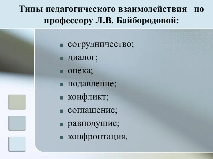 Типы педагогического взаимодействия по профессору Л.В. Байбородовой: сотрудничество; диалог; опека; подавление; конфликт; соглашение; равнодушие; конфронтация.